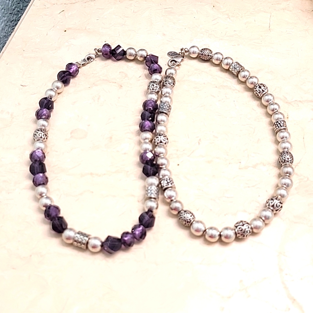 2 Purple/Silver Beaded Necklaces